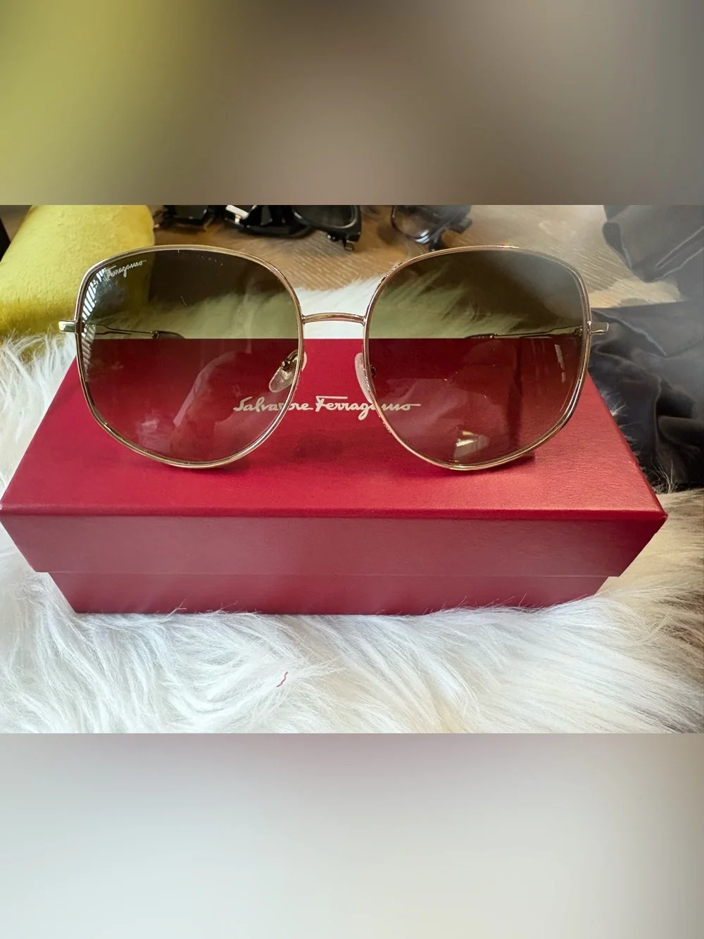 Salvatore Ferragamo Gold Metal Frame Sunglasses with Green Gradient Lenses